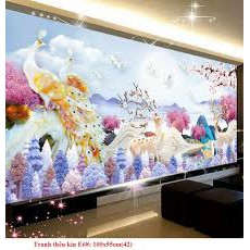 TRANH THÊU PHONG CẢNH HƯƠU NAI TÀI LỘC E68 (100X55)