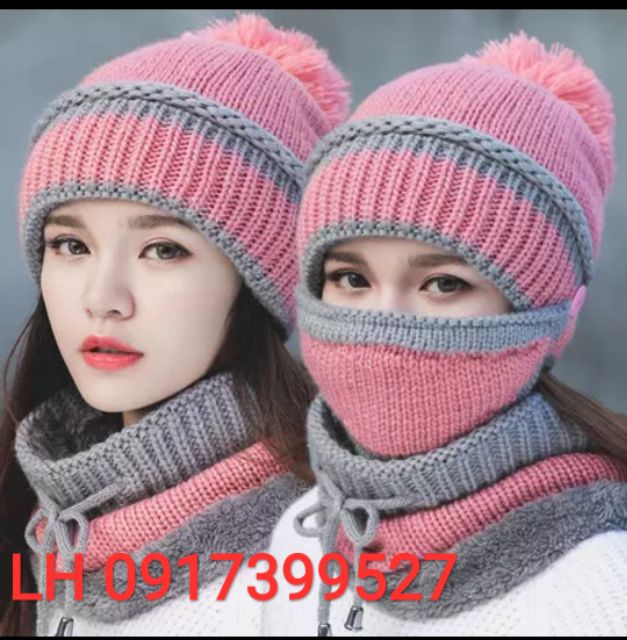 Nón len nữ mũ Len nữ kèm khăn choàng + khẩu trang y hình thời trang Hàn Quốc