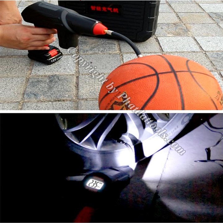 Máy Bơm Hơi Lốp Ôtô-Xe Máy Dùng Pin 12V - Màn Hình Hiển Thị Áp Lực Nén - Bơm Đa Năng, Hữu Dụng - Bảo Hành 6 Tháng