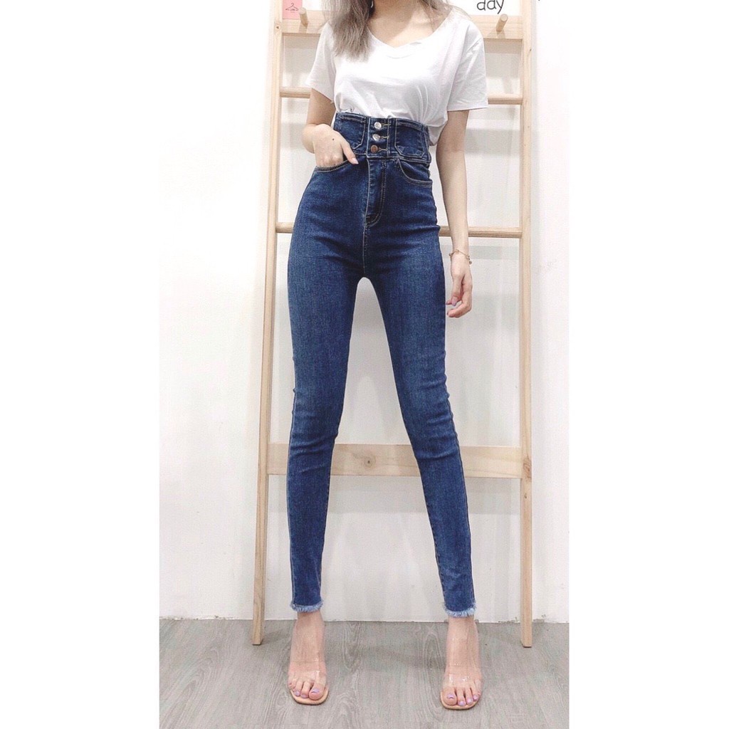 Quần jean nữ lưng siêu cao phối 3 khuy trước  siêu hot KH129