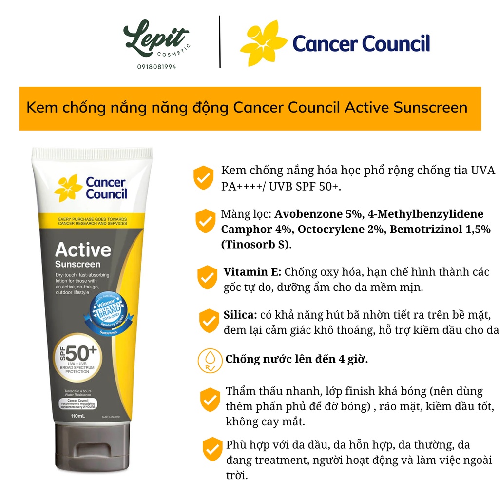 Kem chống nắng Cancer Council phổ rộng Ultra / Active Sunscreen SPF 50+/PA++++ Kcn Cancer Council
