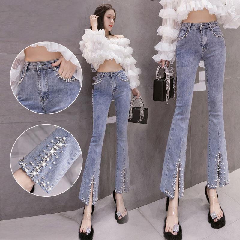 Pants Jeans Ankle-Length Pants Pearl Tassel Little Man High-Waist Jeans Micro Flared Pants Thin Jeans