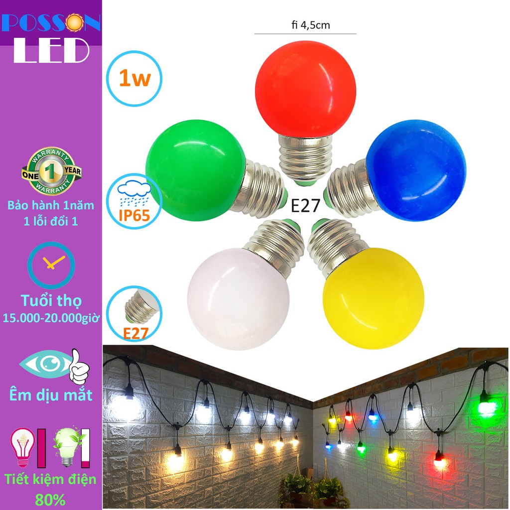 Combo 100 Bóng đèn Led 1w quả trái chanh bup tròn G45 đuôi E27 màu sắc tùy chọn trang trí ngoài trời AC220V