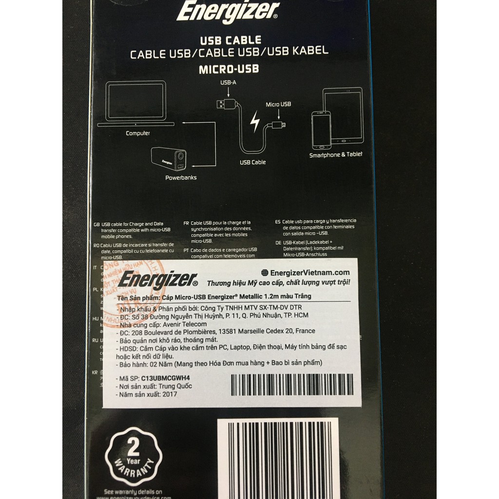 Cáp Sạc chính hãng Energizer Micro USB Metallic 1.2m