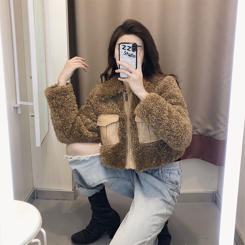 Lamb wool coat female autumn winter 2021 new style fur all-in-one short-style furry blouse is plush and thickened