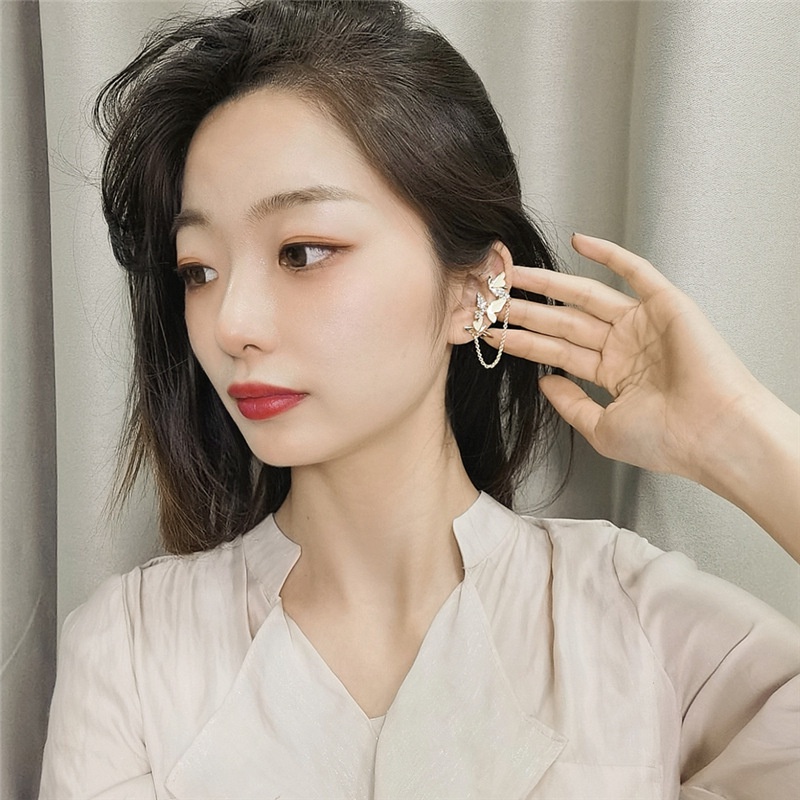 (0351) Khuyên Kẹp Vành Tai Ba Lớp 🦋 Đá Ngọc Xanh Nổi Bật