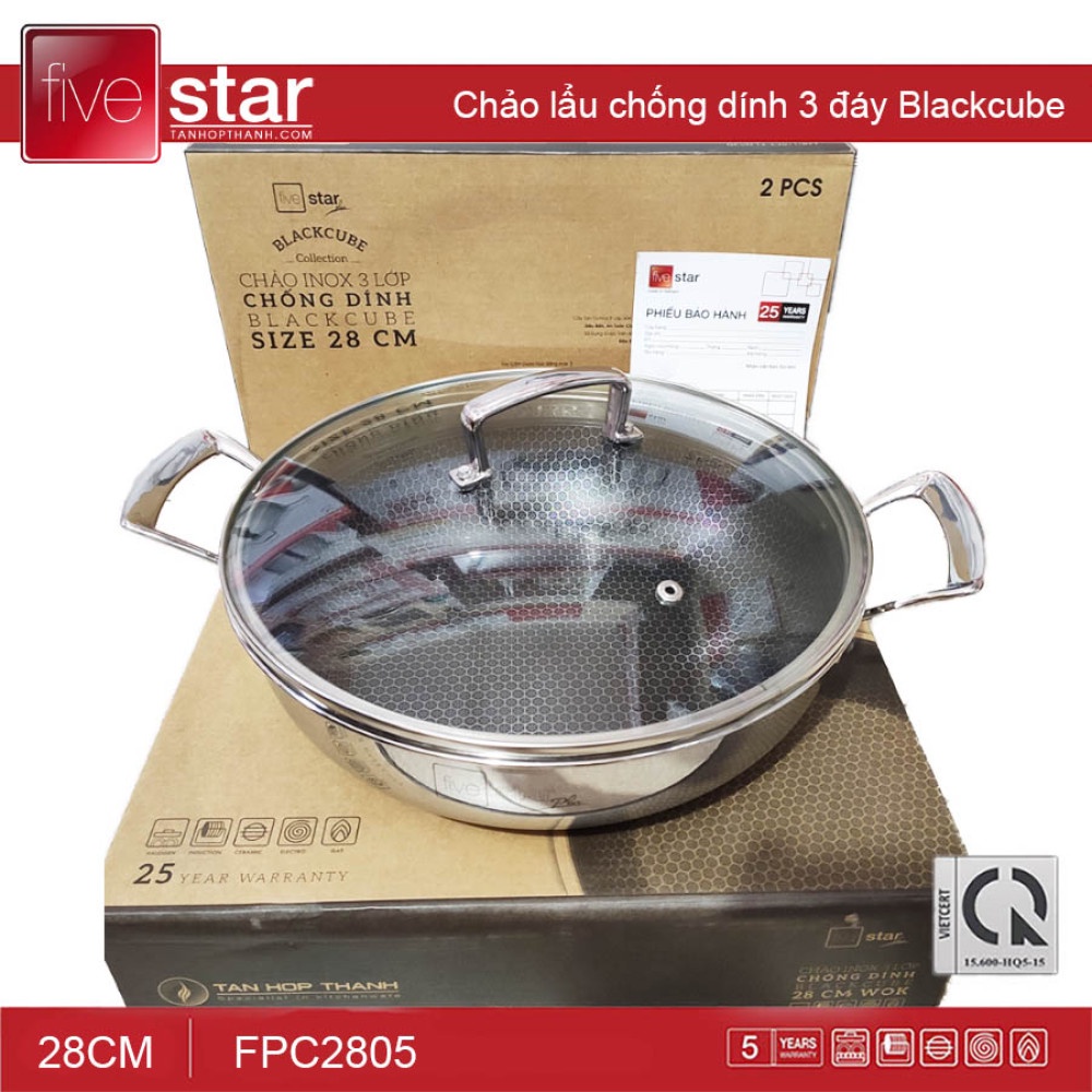 Chảo chống dính 2 quai BLACKCUBE FIVESTAR 3 lớp đáy liền inox 304 siêu bền