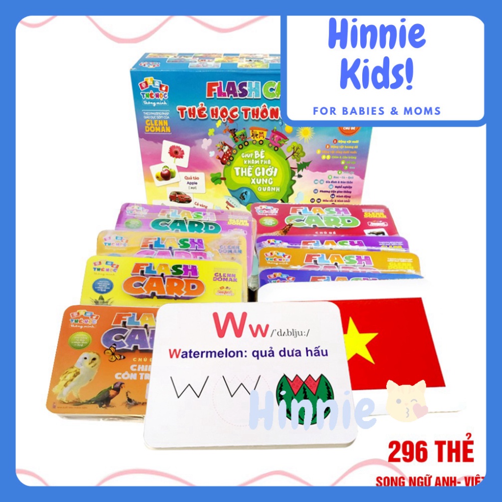 Bộ thẻ học thông minh 20 chủ đề song ngữ Anh - Việt 296 thẻ học- Loại to HINNIE KIDS