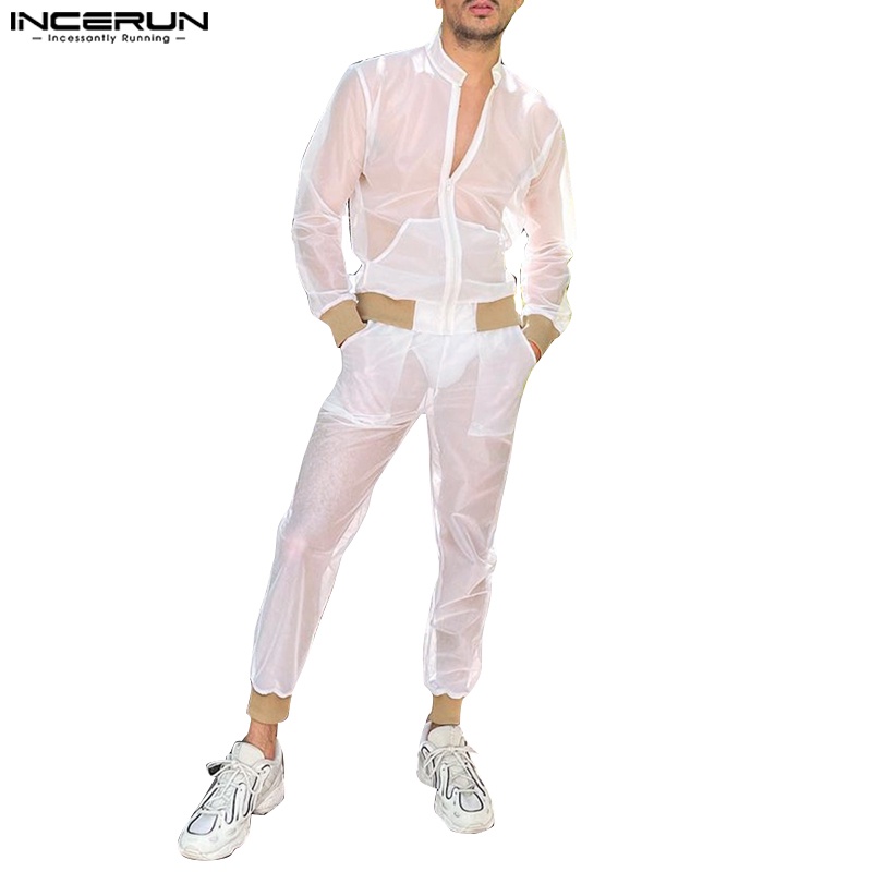 INCERUN Áo Sơ Mi Tay Dài Có Khóa Kéo + Quần Legging Thể Thao Thời Trang Cho Nam