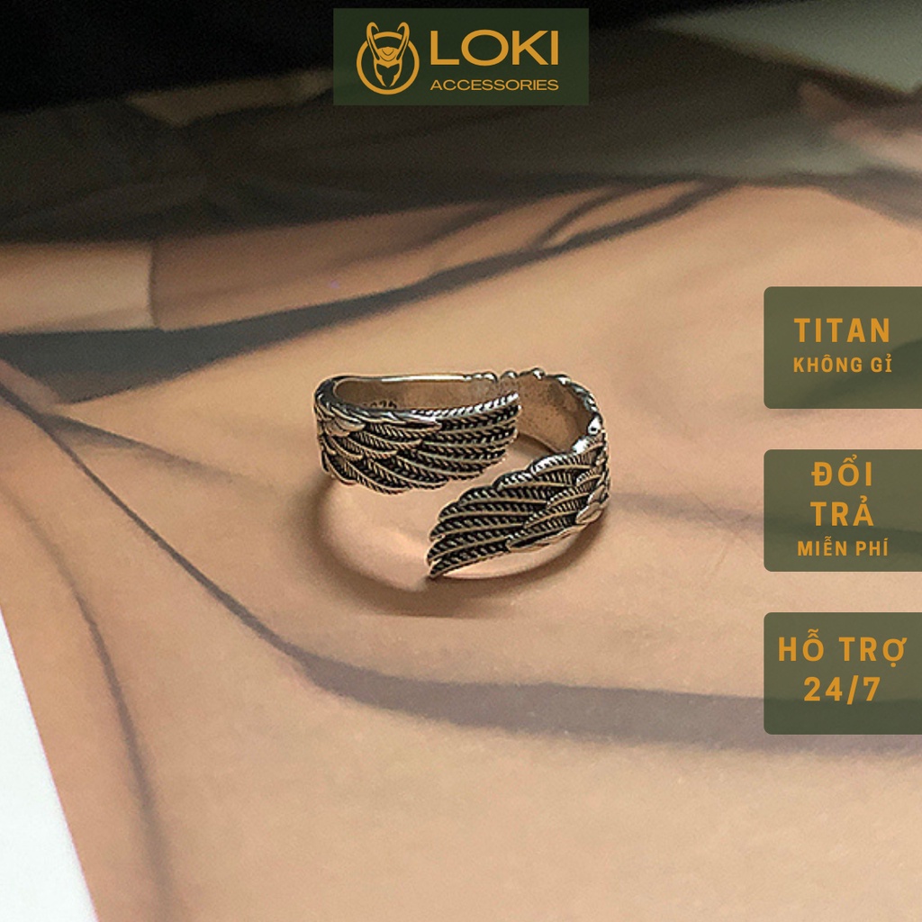 Nhẫn Nam 2W Phong Cách HipHop Cá Tính Loki Accessories Màu Bạc Đẹp Cao Cấp - Nhân Nam Họa tiết Đôi Cánh Chất Liệu Titan