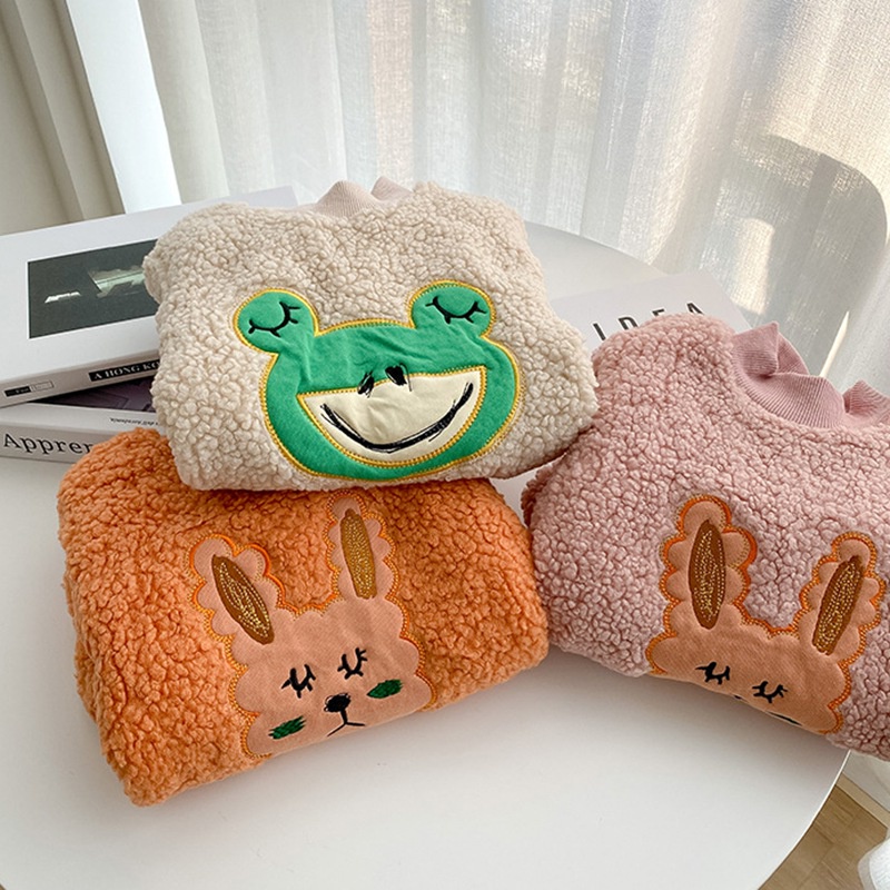 Áo khoác len lông cừu ấm áp phối hoạt hình xinh xắn cho bé gái