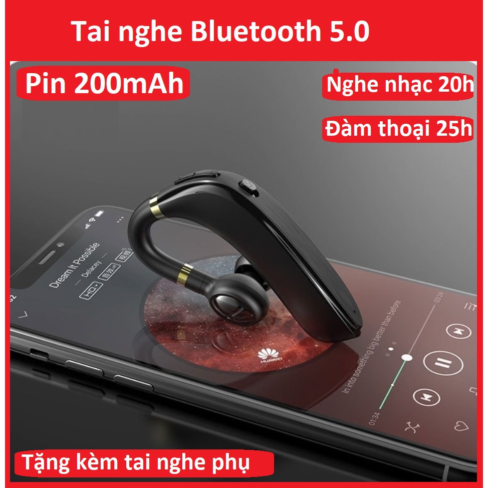 Tai nghe bluetooth A10 chip 5.0, móc tai xoay 180 độ,kết nối 2 điện thoại, pin 200mAh, nghe nhạc, đàm thoại 20h đến 25h.