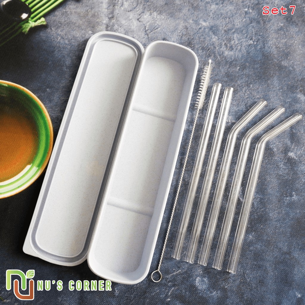 SET 7 - 5 ống thủy tinh không màu (3 ống cong + 2 ống thẳng) + 1 cọ cứng + 1 hộp PP