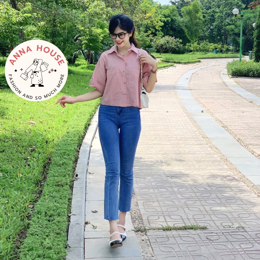 Áo sơ mi nữ cổ đức tay ngắn dáng croptop form rộng chất đũi xước 2 túi dài, áo sơ mi nữ cộc tay gập dáng ngắn croptop
