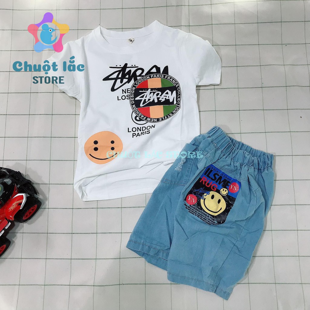 Bộ Quần Áo Bé Trai Chuột Lắc Store Size Đại Kiểu Chữ Ký Áo Cotton Quần Jean Cho Bé Từ 14Kg Đến 28Kg( Màu Trắng, Đen)