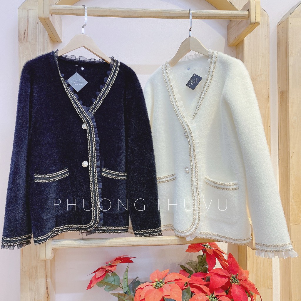 (HÀNG SẴN - ảnh thật) Áo khoác cardigan len lông mềm mịn cổ phối voan viền ánh nhũ lấp lánh Hàn Quốc cao cấp sang chảnh