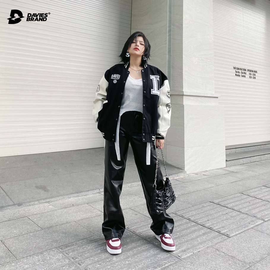 Áo khoác bóng chày nam nữ phối tay da xanh đen Baseball Championship Limited Jacket DAVIES