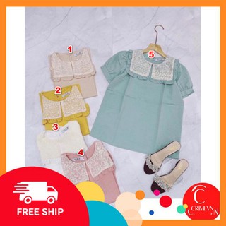 Áo sơ mi cộc tay|freeship50k| sơ mi cổ vuông viền ren chuẩn dáng