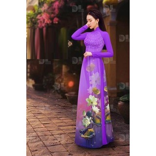 HÀNG TK - SET BỘ ÁO DÀI TRUYỀN THỐNG HOA SEN TRẮNG 3D SIÊU SANG - LS234