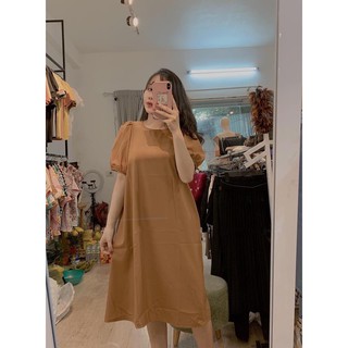 Váy Bầu Công Sở Dáng Suông Tay Bồng Màu Nâu HD2625 Honey Mommy Đầm Bầu Mùa Hè Cộc Tay