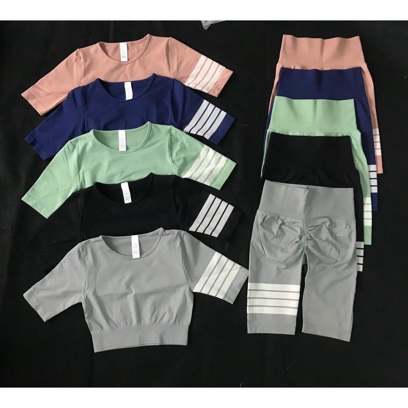 Bộ Quần Áo Thể Thao Tập Gym Yoga Nữ - Set Quần Áo Thể Thao Ngố Thun Dệt Sọc 1 Bên, Áo Dáng Croptop Siêu Xinh