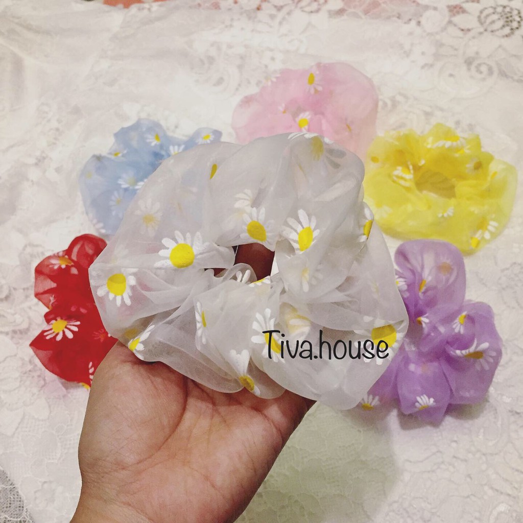 Scrunchies dây buộc tóc vải voan kính trong suốt chun co giãn hình hoa cúc thời trang Hàn Quốc cho bạn gái