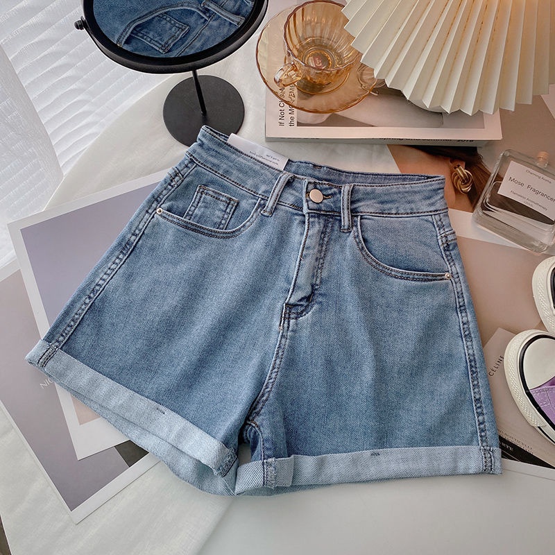 Quần Short Denim Chữ A Lưng Cao Ống Rộng Phong Cách Hàn Quốc Mới Cho Nữ