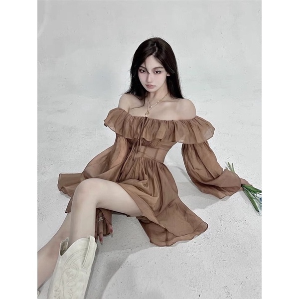 |BROWN DRESS| Đầm nâu trễ vai tay dài TLÉA