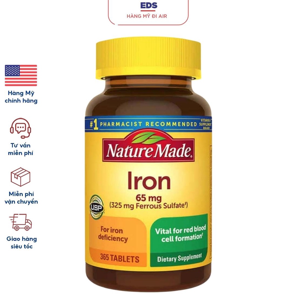 Viên uống bổ sung sắt Nature Made Iron 65mg date 7/2024 tái tạo hồng cầu ngăn ngừa thiếu máu  365 viên - EDS Hàng Mỹ