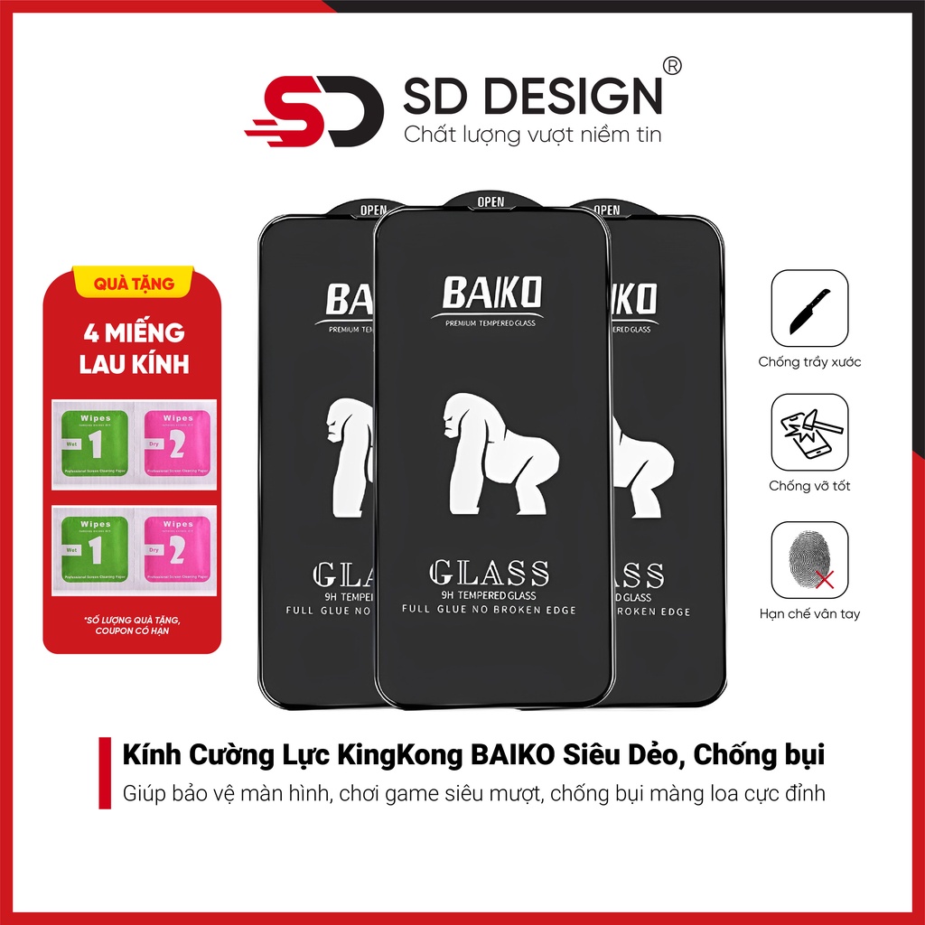 Kính cường lực IPhone KingKong or BAIKO full màn SDDESIGN 7/7plus/8/8plus/X/Xsmax/11/11promax/12/13/