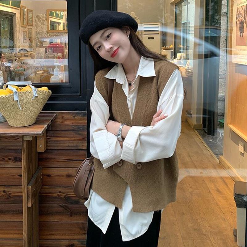 Bộ áo sơ mi tay dài và áo len không tay cổ chữ V thời trang Hàn Quốc cho nữ (có bán lẻ)