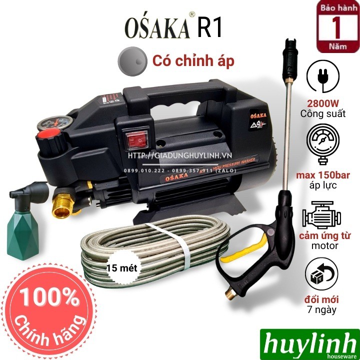 Máy xịt rửa xe chỉnh áp Osaka R1 - 2800W - Dây 15 mét [Boseton N1 - Zukui S7]