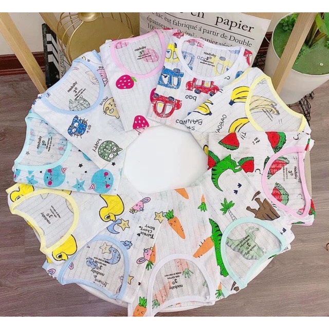 Bộ cotton giấy cộc cài vai in hình dễ thương cho bé 0 - 15kg