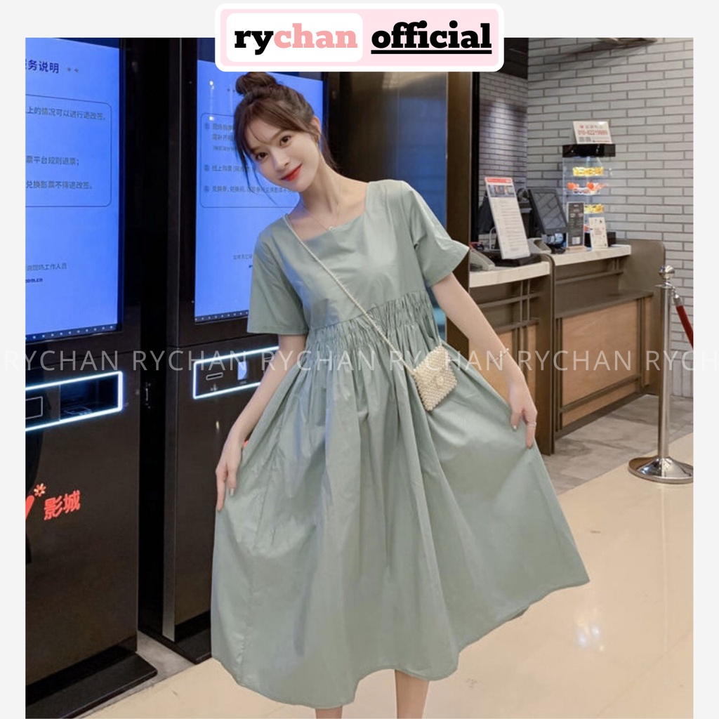 Đầm Xòe Xanh Mint Cổ Vuông Nhún Eo Nơ Sau Dễ Thương - DX650