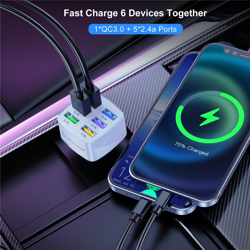 Tẩu Sạc Nhanh 6 Cổng Usb 75w 15a Cho Điện Thoại i-Phone 14 13 Pro Android Type c