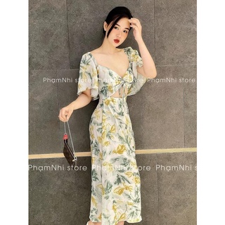 Đầm hoa xanh rút dây bụng cánh tiên 1 lớp thô nến