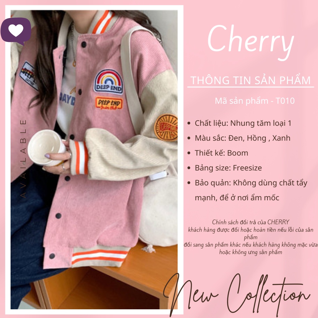 Áo khoác bomber nam nữ jacket nhung tăm dày dặn CHERRY chất nỉ tăm hot hit form to rộng unisex T010