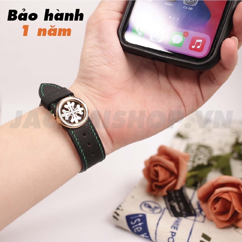 [DÂY DA THẬT] DÂY DA PALMELATO MAY TAY THỦ CÔNG MÀU ĐEN CHỈ XANH KHÓA PATEK CHO APPLE WATCH SERIES 1=&gt;6 (BẢO HÀNH 1 NĂM)