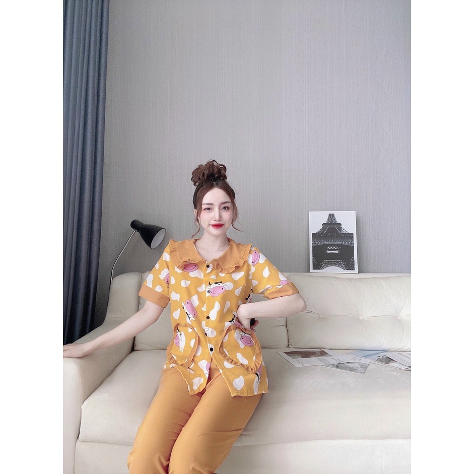Đồ đồ ngủ nữ, pijama ở nhà nữ tay ngắn vải kate lụa họa tiết gấu dễ thương giá xưởng ảnh thật