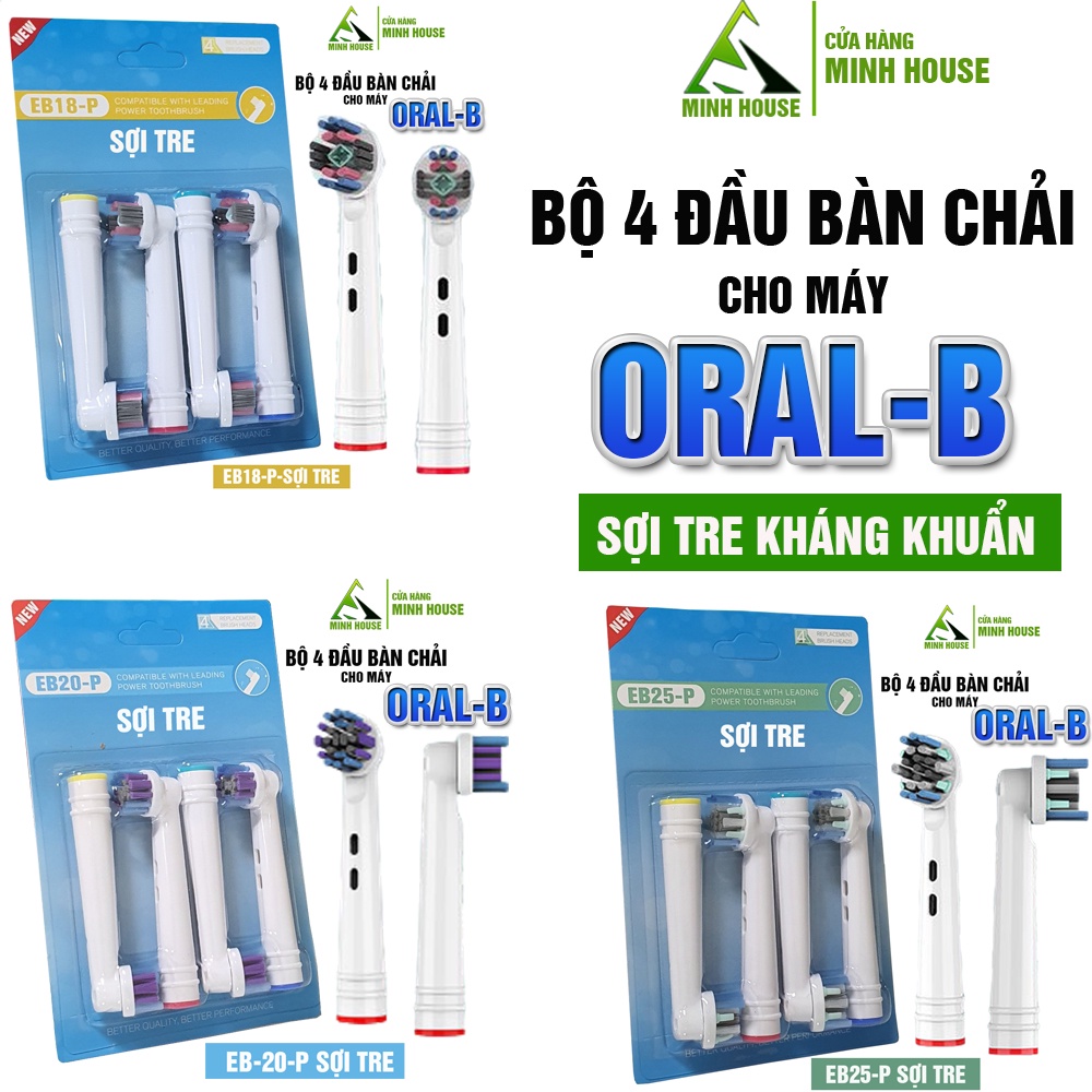 Cho máy Oral B, Set 4 đầu bàn chải than sợi tre kháng khuẩn EB18-P, EB20-P, EB25-P Minh House