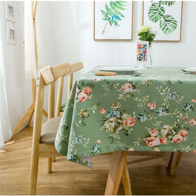 [Size lớn] Khăn trải bàn vải canvas nền trắng dày cao cấp có viền mép hoạ tiết hoa hồng phai phong cách vintage [T034]
