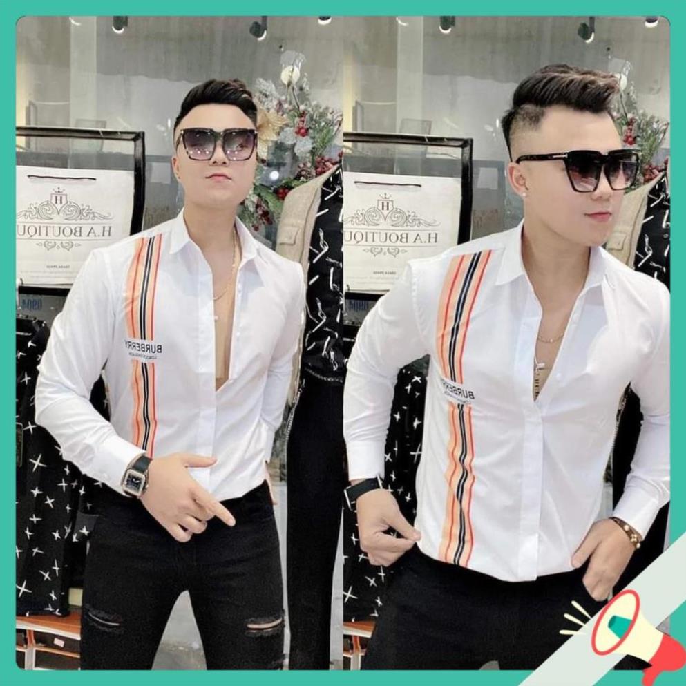 Chất Xịn ÁO SƠ MI IN THÊU TAY DÀI PHỐI SỌC DỌC CAM BBR - ITTD05 Đẹp