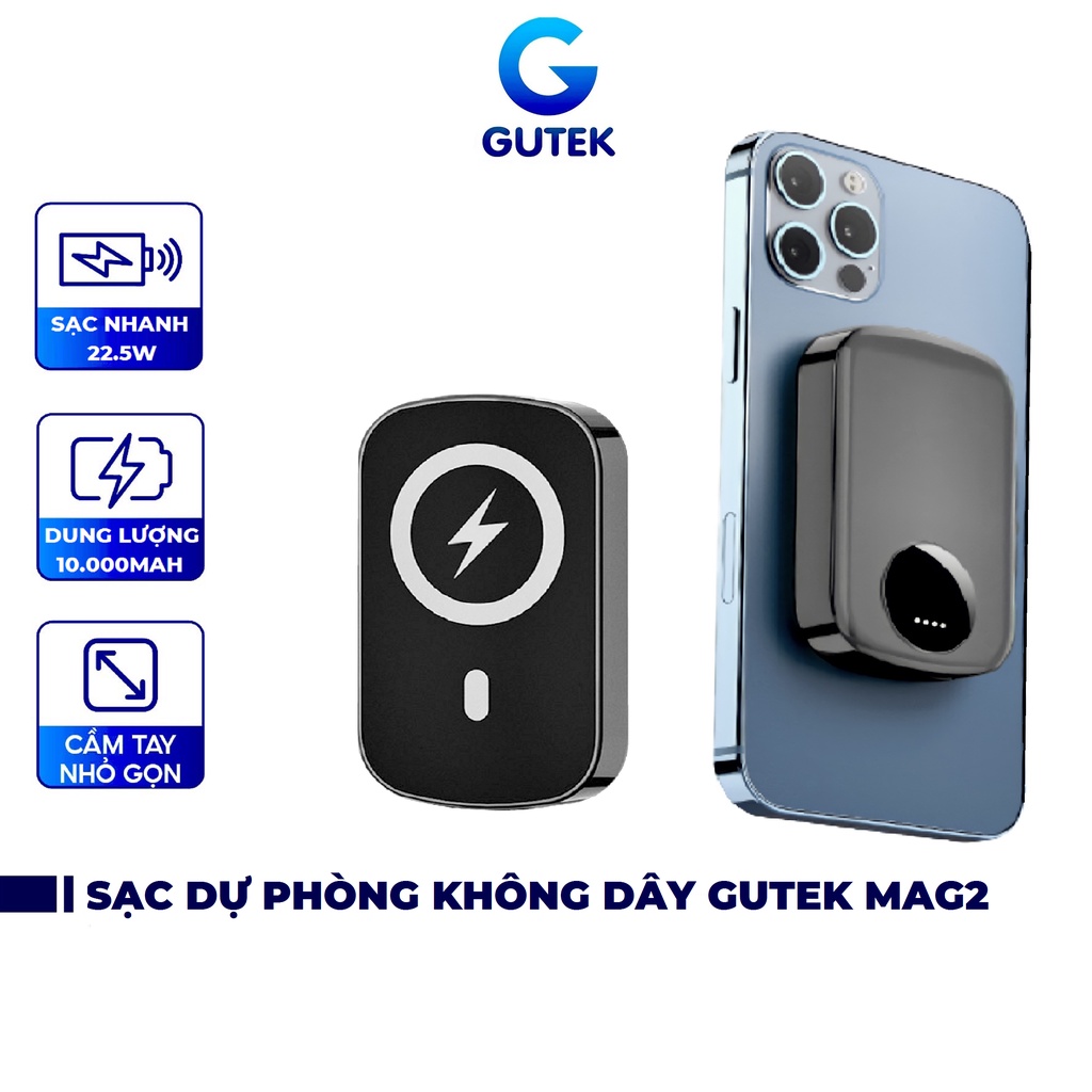 Sạc dự phòng không dây sạc nhanh pin 10000mah mini nhỏ gọn cao cấp cho từ iphone 8/X/11/12/13 – Gutek Mag2