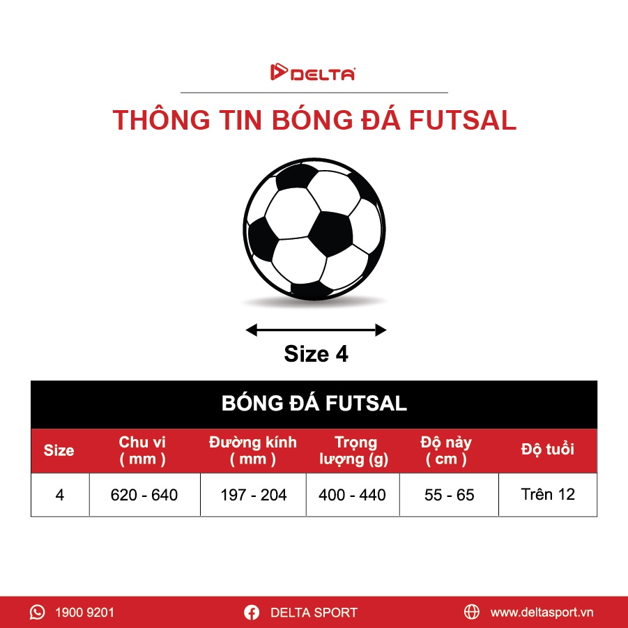 Bóng đá futsal DELTA 3610-4D size 4 da TPU tổng hợp, chơi trên sân cỏ nhân tạo hoặc trong nhà phù hợp từ 12 tuổi