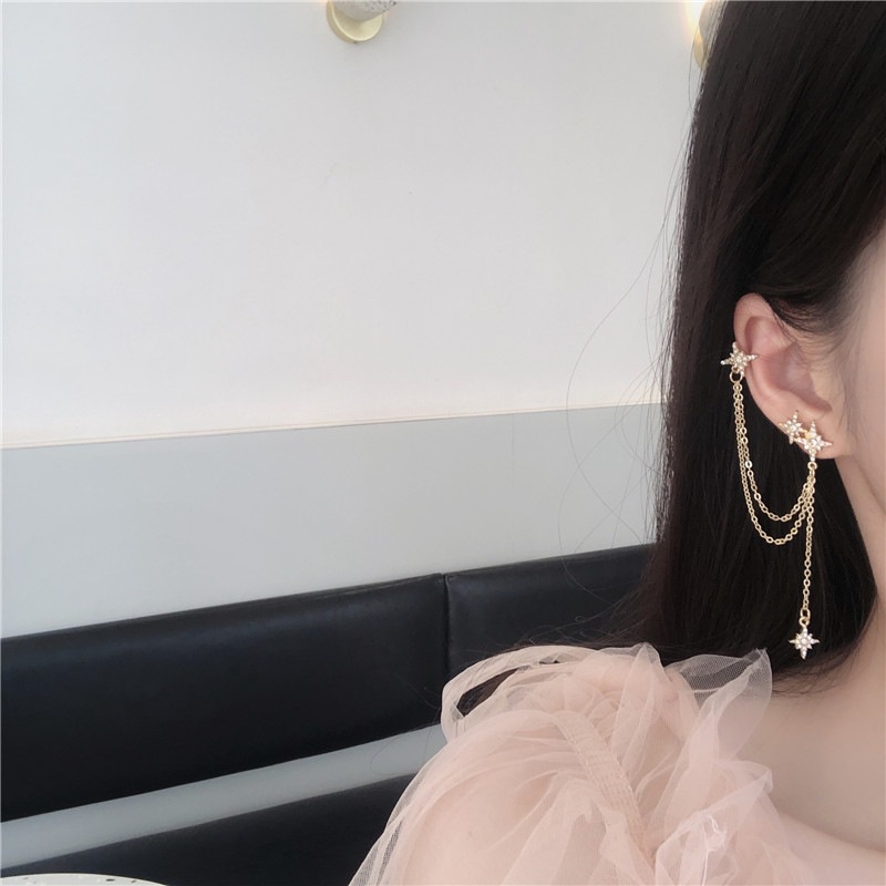 Khuyên Tai Chuỗi Xích Kẹp Vành Tai Không Đối Xứng Mạ Bạc 925 Hình Lục Giác Cho Bạn Gái