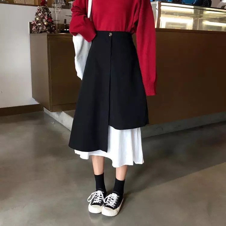 Chân váy dài, chân váy ulzzang ♥️ Chân váy vạt lệch phối đen trắng ♥️ Chân váy chữ A, chân váy xòe - NhimShop CV09