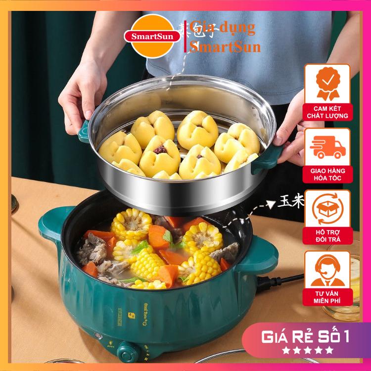 Nồi Lẩu Điện Mini, Nồi Điện Đa Năng Rán, Chiên, Xào, Hấp, Có Lớp Chống Dính Teflon Kèm Xửng Hấp - Gia dụng SmartSun