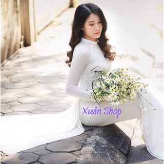 Áo dài trắng học sinh cổ vuông 04 tà lụa nhật truyền thống may sẵn