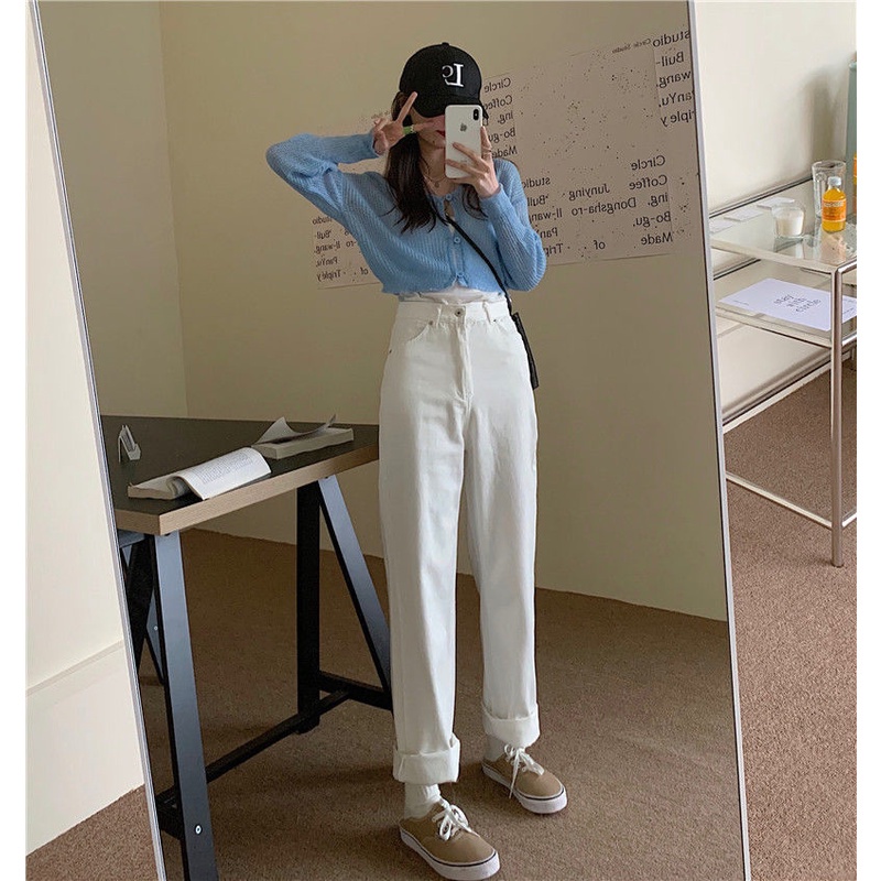 Porozi Quần dài denim  lưng cao dáng rộng phong cách Hàn Quốc thời trang dành cho nữ