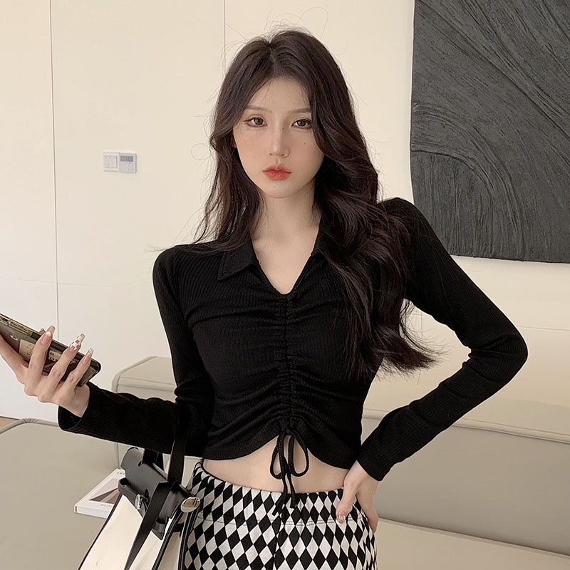 Áo croptop dài tay nữ, áo thun nữ dáng lửng rút dây ngực cổ bẻ đen trắng xanh phôm ôm body sexy hàn quốc Wikishop C1065